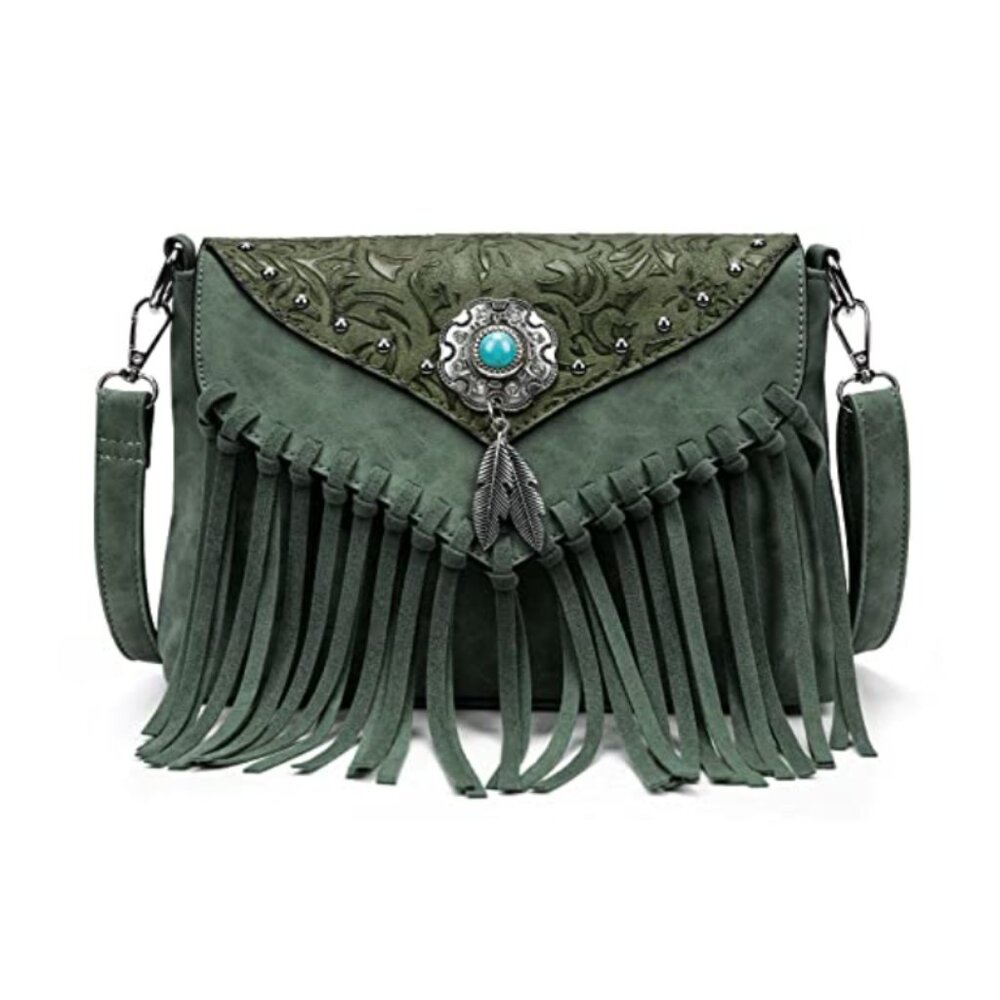 GREEN Handbag Fringe Purse Tassel Shoulder Bag  Turquoise Concho
